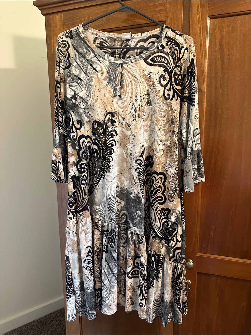 Abstract Paisley Swing Dress in Black, Gray & Cream